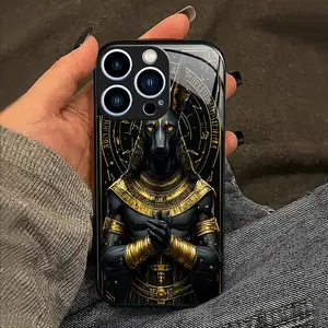 Premium Textured Anubis Pattern, Black Tempered Glass for iPhone 11 12 13 14 15 16 Plus Pro Pro Max mobile phone case, camera protection, anti-fingerprint, lightweight and stylish