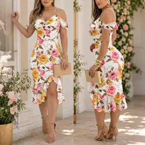 CHICME Women's Mesh Watercolor Rose Print Bodycon Midi Dress Off Shoulder Pearl Beaded Stretchy Straps Cowl Neck Ruched Side Slit Cocktail Party Dress