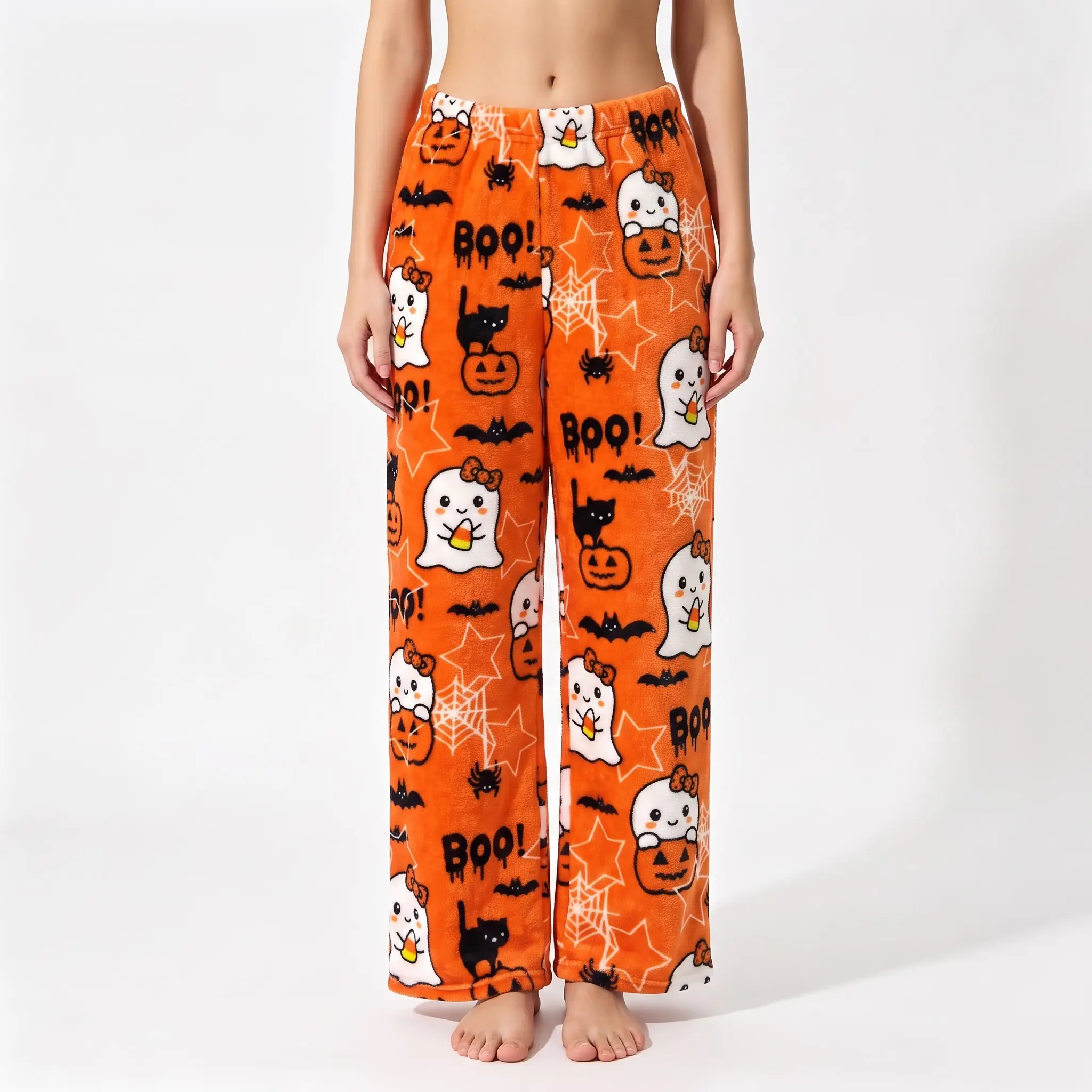 Halloween-themed Orange Pajama Pants with Ghost and Pumpkin Patterns for Comfortable Wear