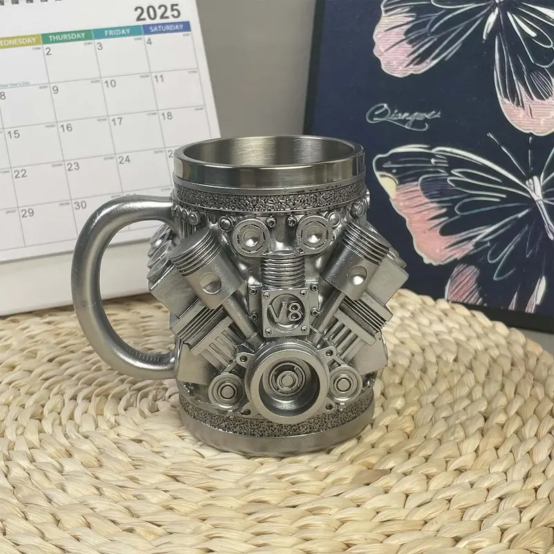Personalized Stainless Steel Mug - V8/V6 Engine Design, 10oz Handcrafted Durable & Stylish, Perfect for Car Enthusiasts,Coffee Cup,Birthday Present,Holiday Gift