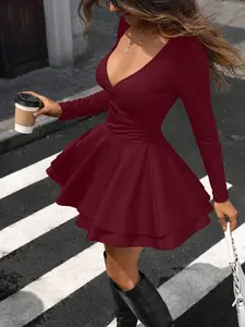 Zielony Christmas Stretchy Knit Solid Color Bodycon Deep V-Neck Ruched Waist Oversized A-Line Double Layer A-Line Hem Vacation Sexy Elegant Casual Commute Minimalist Spring Autumn Women Mini Dress Dark Red Dress Red Wine Dress Burgundy Dress