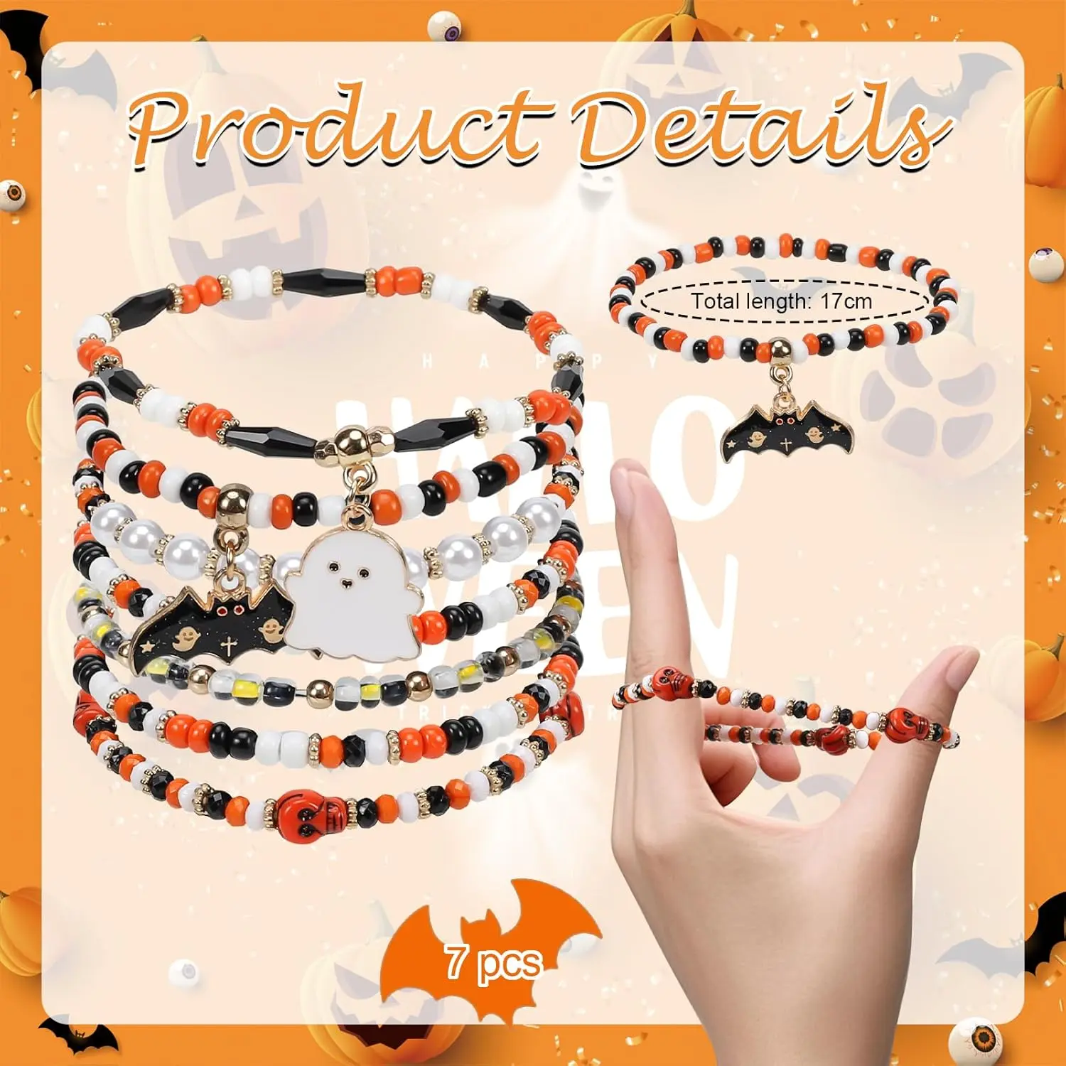 Halloween Bracelets for Women Boo Pumpkin Skull Ghosts Stretchy Beaded Bracelets Spooky Skeleton Bat Cat Stackable Bracelet Bracelet Jewelry