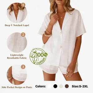Fisoew Women's Casual Two Piece Outfit Short Sleeve Button Down Top & Shorts Set Deep V Notched Lapel Lightweight Breathable Fabric Side Pocket Design S-2XL 100% cotton #Springtok #TikTokShopJumpstartSale