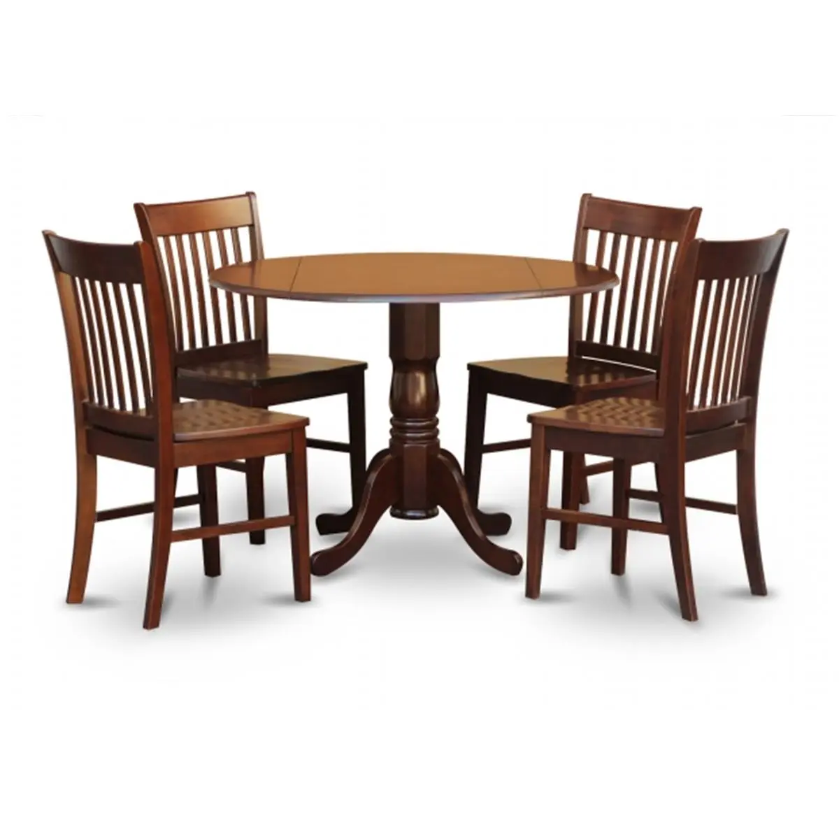 East West Furniture 3PC Dining Table Set - Mahogany Finish Solid Wood Round Table (42w x 42l x 29h) with 2 Drop Leaves, 2 Slatted Back Dining Chairs with Wood Seats for Indoor Kitchen Use