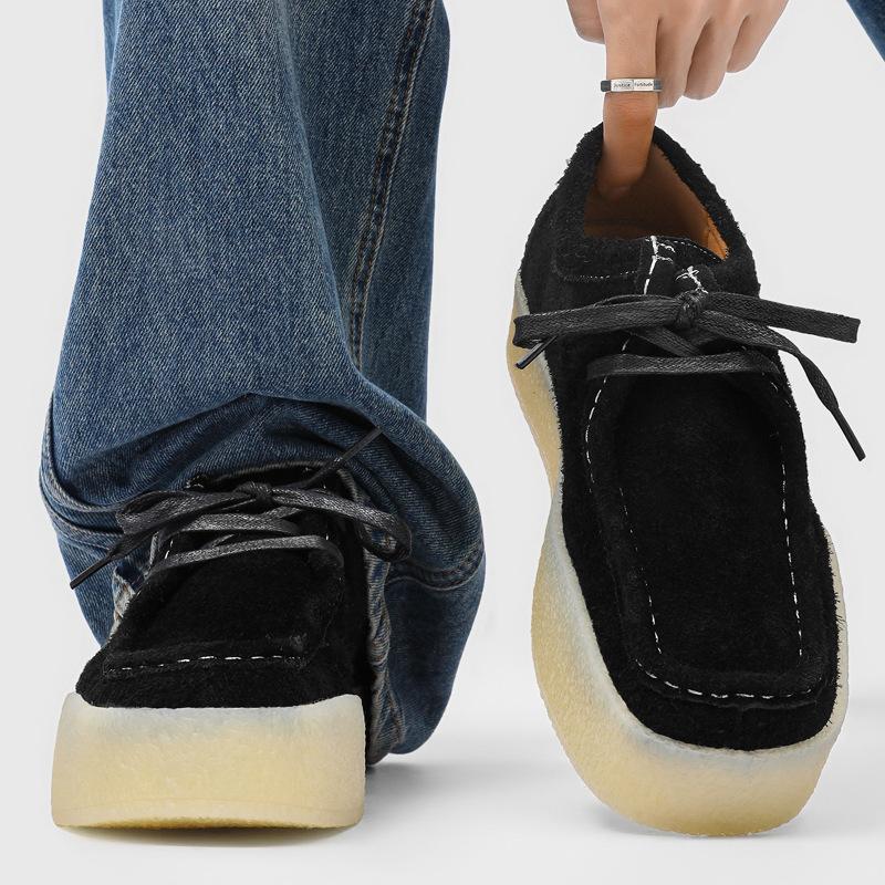 Men's Platform Moccasins Suede Black Height Increase Cream Sole Casual Shoes