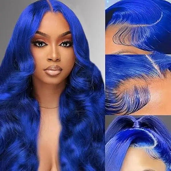 KINGSUP Body Wave 13x6 Blue Lace Front Wigs Human Hair Royal Blue HD Lace Frontal Wig Pre Plucked with Baby Hair Blue Colored Lace Front Wig For Woman 100% Human Virgin Hair 180% Density 22-34 Inches Adjustable Cap Size