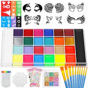 26-color rainbow face paint palette with abundant accessories including stencils, brushes, sequins and gems. Ideal for Halloween, sports, parties and cosplay for all ages.