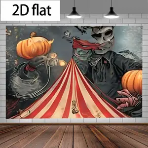 2D Flat 1PC Polyester Banner, Dark Circus Halloween Theme Design, Featuring Red-White Striped Tent, Pumpkin & Ghost Elements, Creepy Retro Style, Indoor and Outdoor Use, Ideal for Halloween Parties, Haunted House Decor, Themed Events, Photo Background