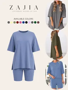 2026 New Women's Casual Round Neck Split Loose Shorts Sleeve Loungewear Home Wear Set, Comfortable Plain Design, Perfect for All Seasons