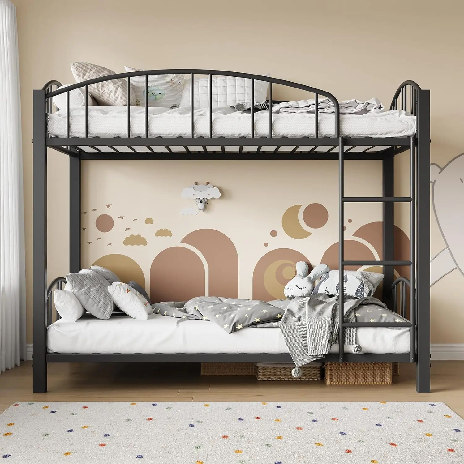 【Christmas Gift】Metal Bunk Bed Twin Over Twin  Heavy Duty Bunkbeds Frame with Safety Ladder and Arched Guardrail  Sturdy Steel Bed  Space-Saving  No Box Spring Needed  Black