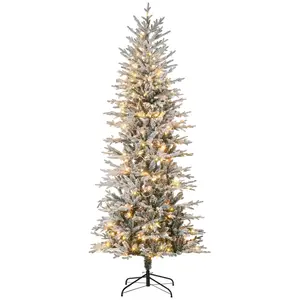 7.5' Flocked Christmas Tree Pre Lit, with Snow Branches, Warm Yellow Clear Lights, Auto Open, Extra Bulb