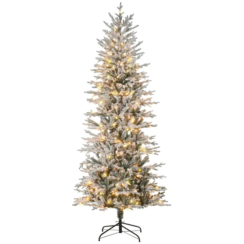 7.5' Flocked Christmas Tree Pre Lit, with Snow Branches, Warm Yellow Clear Lights, Auto Open, Extra Bulb