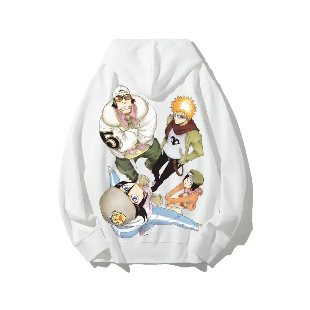 ``` Unisex Bleach Multi‑Character Group Print Heavyweight Cotton Pullover Hoodie, Vintage Anime Streetwear Sweatshirt, Breathable Long‑Sleeve Top for Otaku Casual Daily Wear & Fan Gift