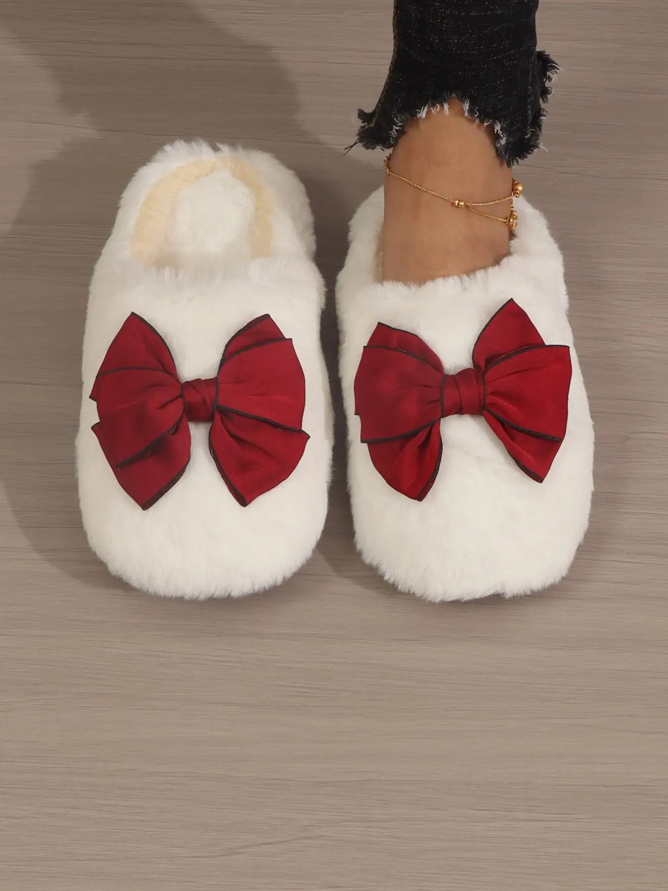 Women's White Bow Decor Soft Cushioned Slippers, Cute Comfort Plush Bedroom Slides for Fall & Winter, Girl Footwear Shoes, Girl's Comfort Walking Shoe