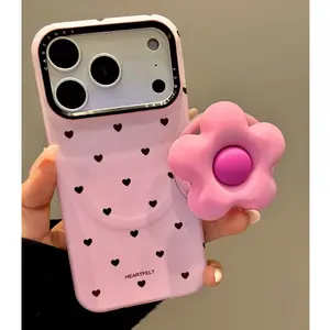 3D Flower Cute Heart Magnetic Grip Tok Phone Case for iPhone 17 16 15 14 13 Pro Max Wireless Charge For Magsafe Lovely Cover