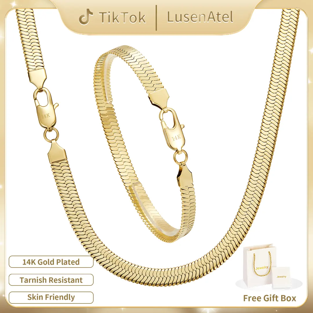 Lusen Atel 14K Gold Plated Herringbone Chain Necklace for Men Women, Flat Snake Chain Gold Necklace, Smooth Choker Layering Chain, Everyday Streetwear Fashion Jewelry