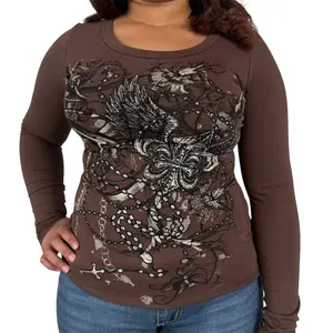 Bella Rhinestone Long Sleeve Brown - Cotton