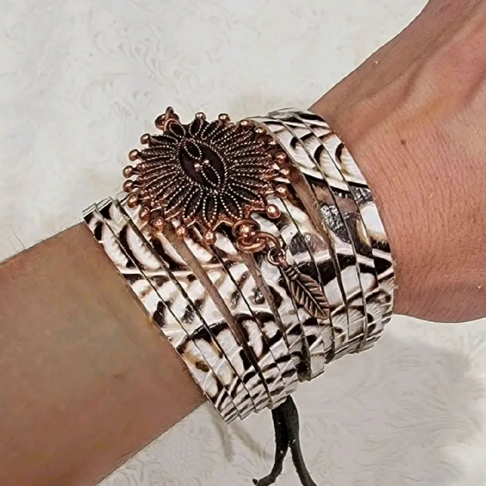 "Gabbi" Handmade Cream Chocolate Tooled Leather Cuff Bracelet with Intricate Embellishments and Adjustable Fit