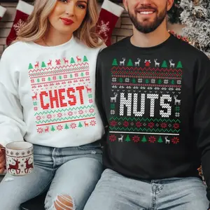 Chest Nuts Couples Christmas Sweatshirts, Funny Ugly Christmas Printed Sweater, Couples Matching Jumpers, Christmas Gifts for His and Hers
