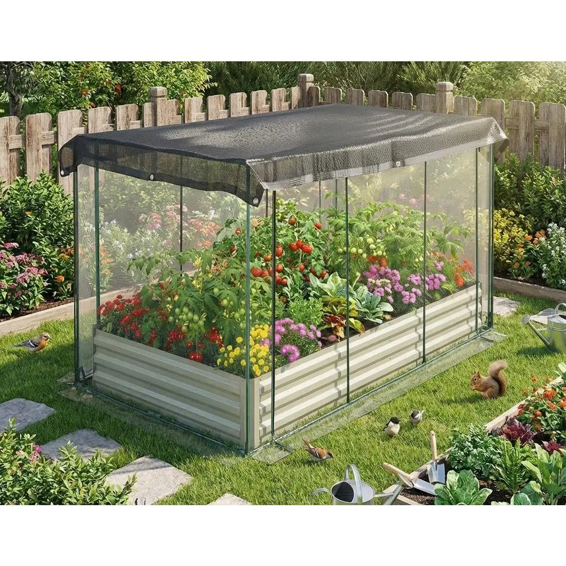 Garvee Galvanized Raised Garden Bed with Cover & Shade Cloth Kit, 6x3ft Open Base Metal Planter Box for Vegetables Herbs Flowers - Outdoor Gardening Protection from Birds Animals