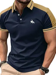 Men's Fitted 2-Tone Splicing Geometric Polo Shirt - Short-Sleeve, Rider Logo, Fashionable Casual, Tropical Navy, Lightweight Foldable, Multi-Function Polo Jacket, Top, Clothes,summervibes
