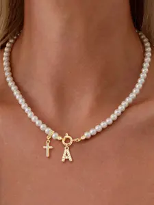 Women's Zirconia Initial Cross Pendant Necklace, Elegant Vintage Spring Buckle Pearl Beaded Chain, All Seasons Fashion Jewelry