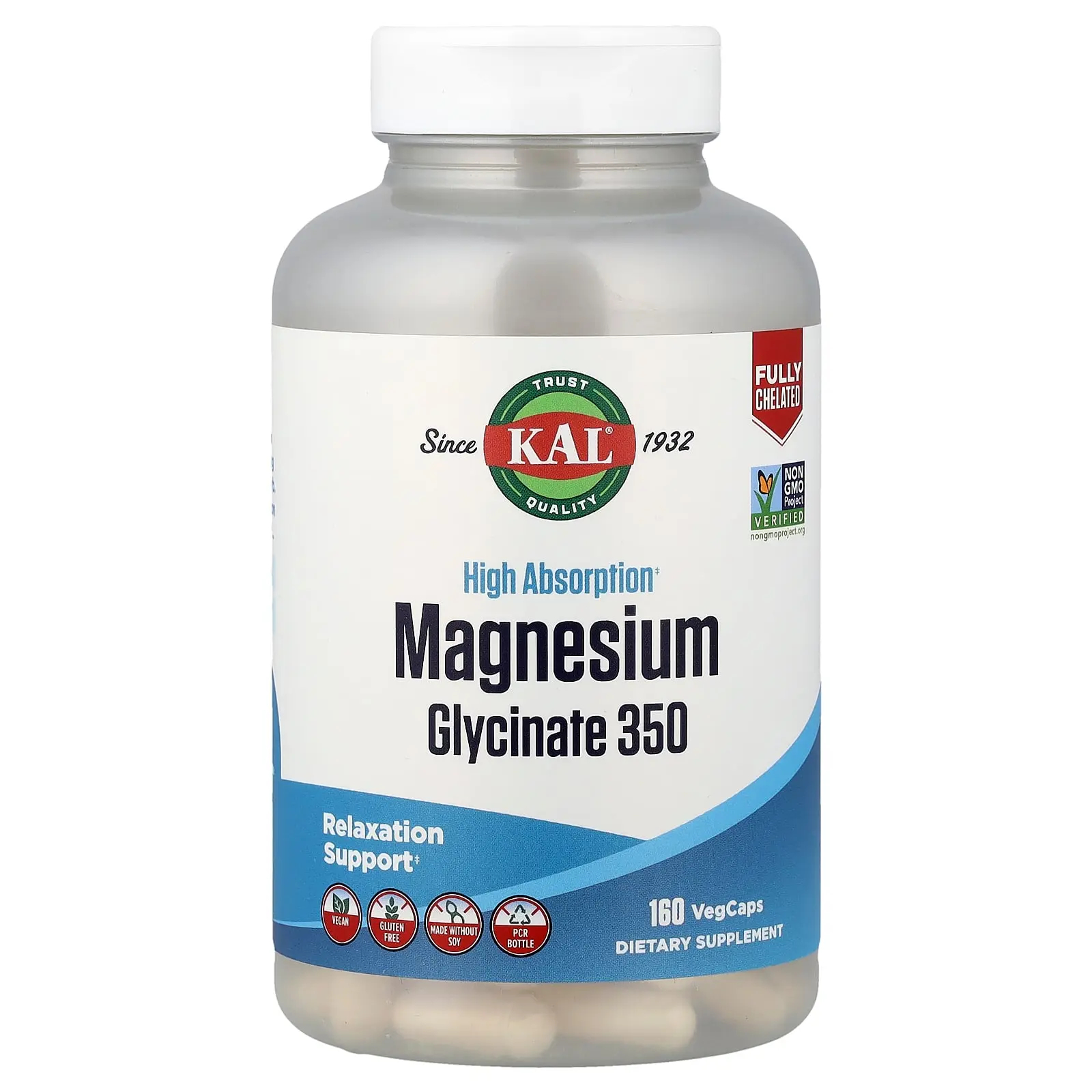 KAL High Absorption Magnesium Glycinate 350, 160 VegCaps
