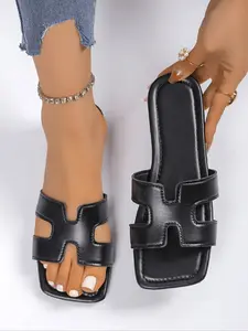 Women's Fashionable Plain Color Square Toe Slide Sandals, Casual Comfortable Flat Sandals for Summer, Non-slip Simple Slide Sandals for Beach, Walking Shoes