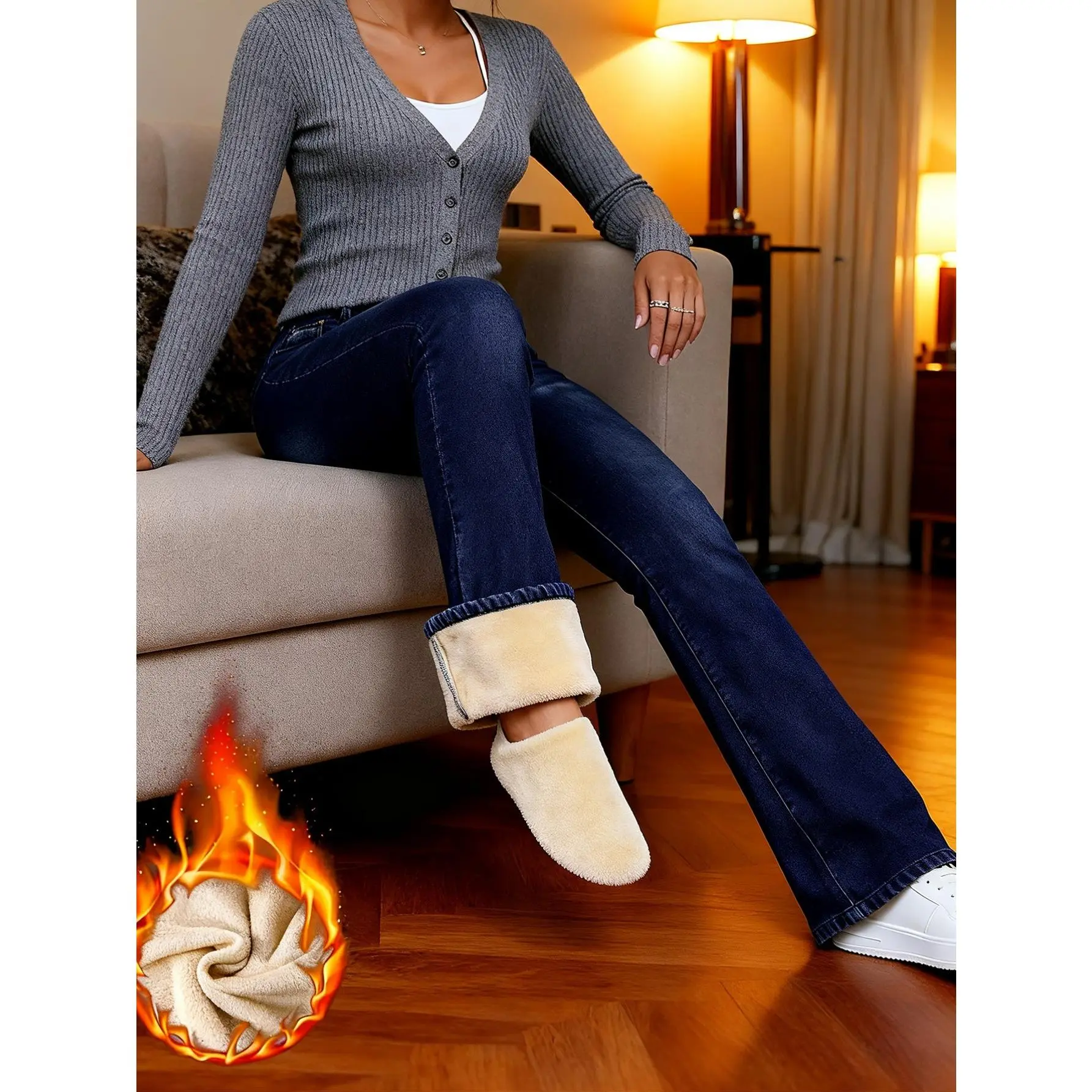 Lady's Casual Flare Leg Jeans, High-Waisted Warm Plush Lined Winter Pants, Medium Stretch Denim Streetwear Bottom, Flared, Cotton, Street Chic, Loose-Fit, Elastane, Drawstring Tie, All Seasons, Trouser, Do Not Dry Clean, High Waist, Polyester, Below The K