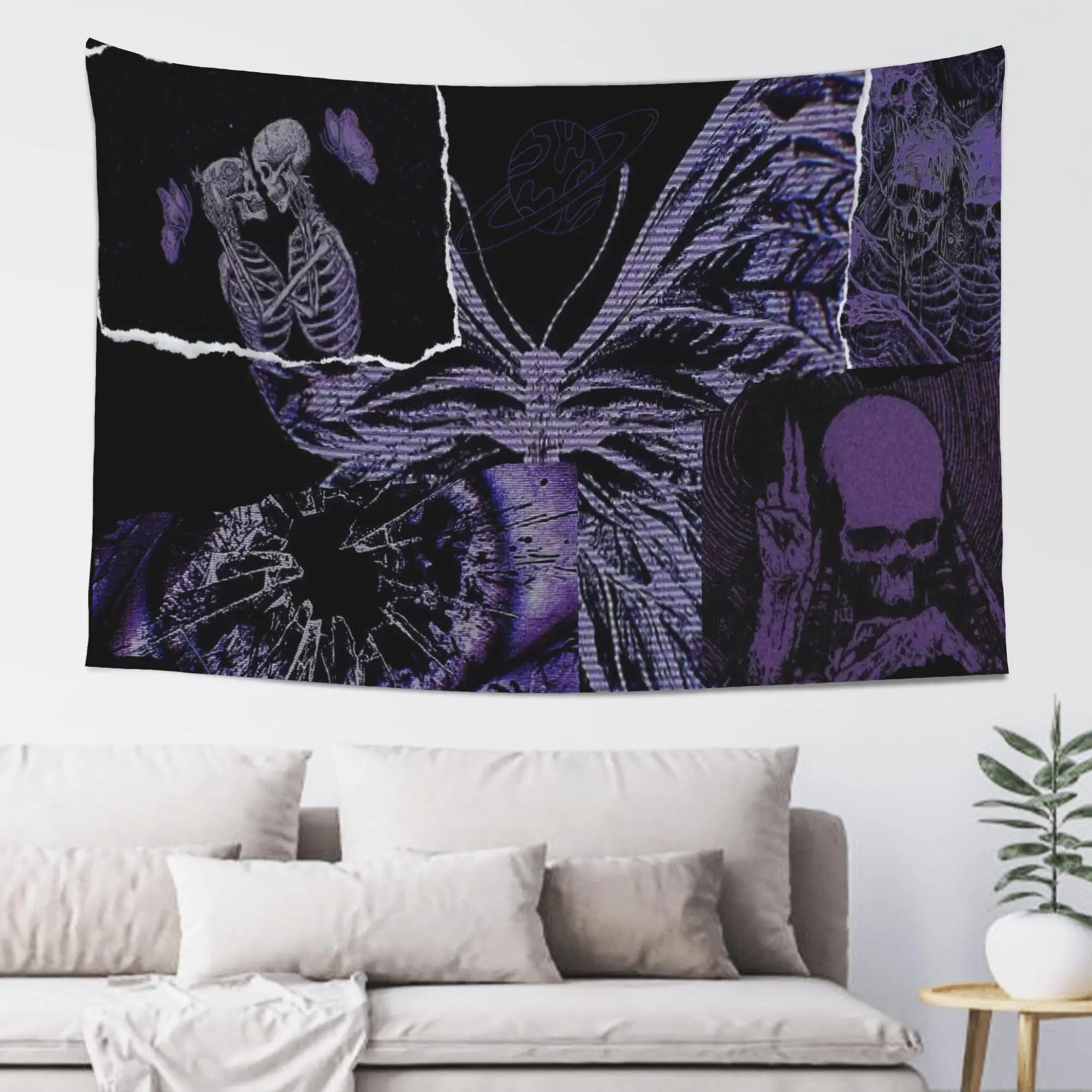Gothic Purple Skeleton Collage Butterfly Planet Tapestry, Anti-Wear Polyester Grungy Look Wall Hanging, Indoor Decor for Bedroom & Dorm
