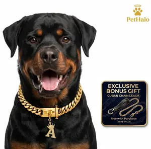 Custom Name Gold Dog Chain - 15MM Luxury Cuban Link with Bling Zircon A-Z Initials |   Unbreakable 18K Plated Stainless Steel Collar for Cool Dogs