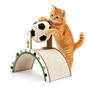 Interactive Soccer Cat Scratcher with Spinning Ball, Arch Bridge Cat Scratch Ramp, Sturdy Wood Bracket & Corrugated Surface, Fun Indoor Cat Furniture