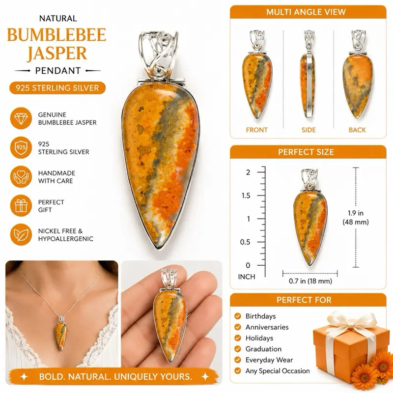 Handmade Unisex Bold Bumblebee Jasper Pendant - Genuine Semiprecious Stone Jewelry Accessory in .925 Sterling Silver