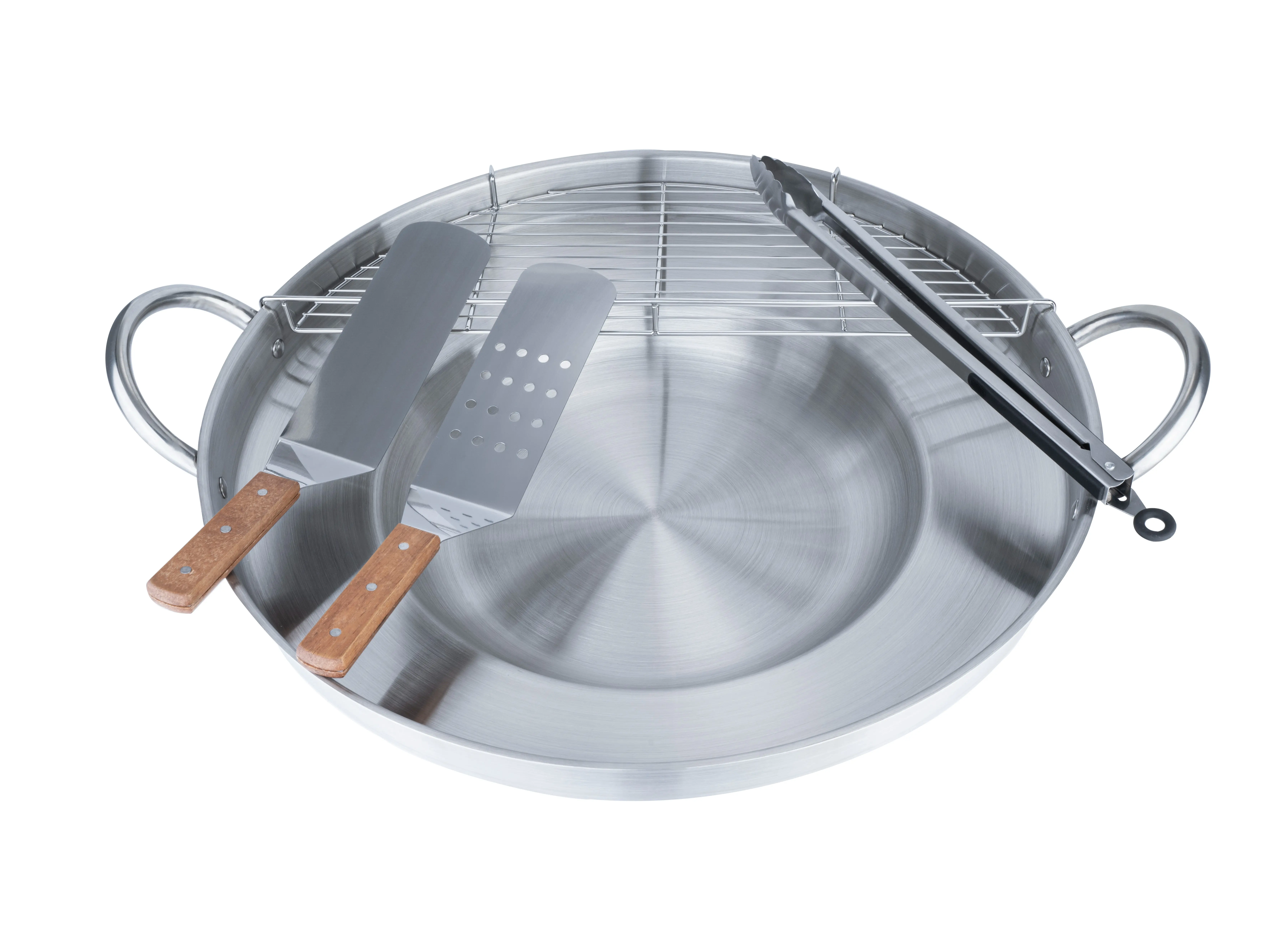 ARC 23 in Heavy Duty Stainless Steel Comal Set, Concave Taco Frying Pan with Oil Rack & Utensils for Camping, Portable Kitchen, Tacos