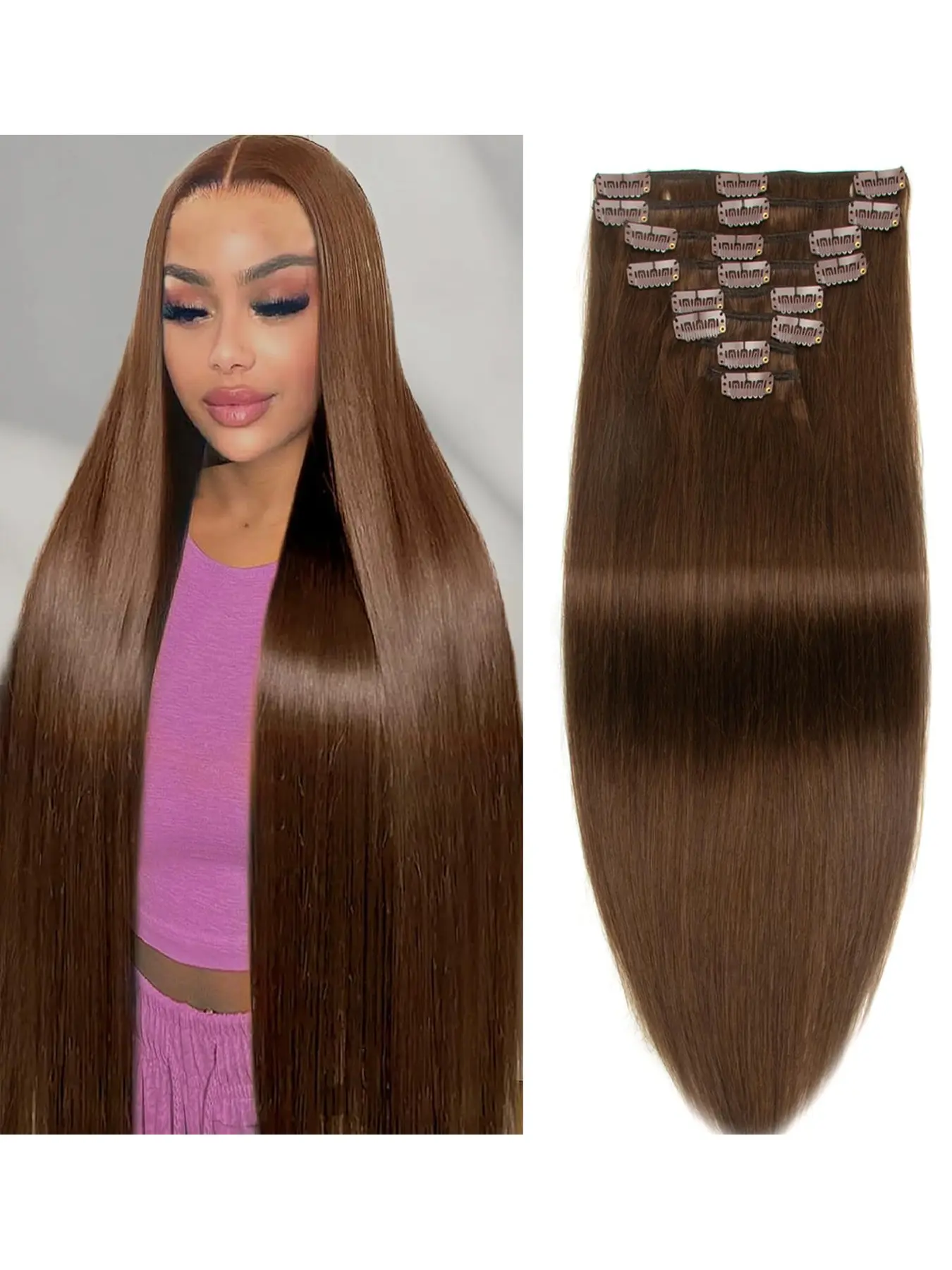 8-Piece Remy Human Hair Extensions, Invisible Seamless Natural Straight Hair with 18 Clips, Available in 14-28 Inches and Chocolate, Real Hair Extensions, Glueless Silky Straight Hair, Hair Pieces & Extensions