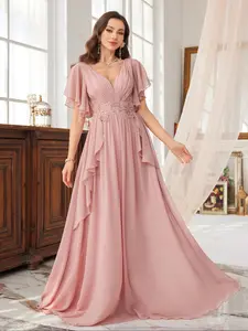 Elegant Chiffon Dress with Rhinestone Embroidery, Short Sleeve Ruffle Design, Front Pleated Waist, Back Diamond Trim, Party Gown, Formal Wear