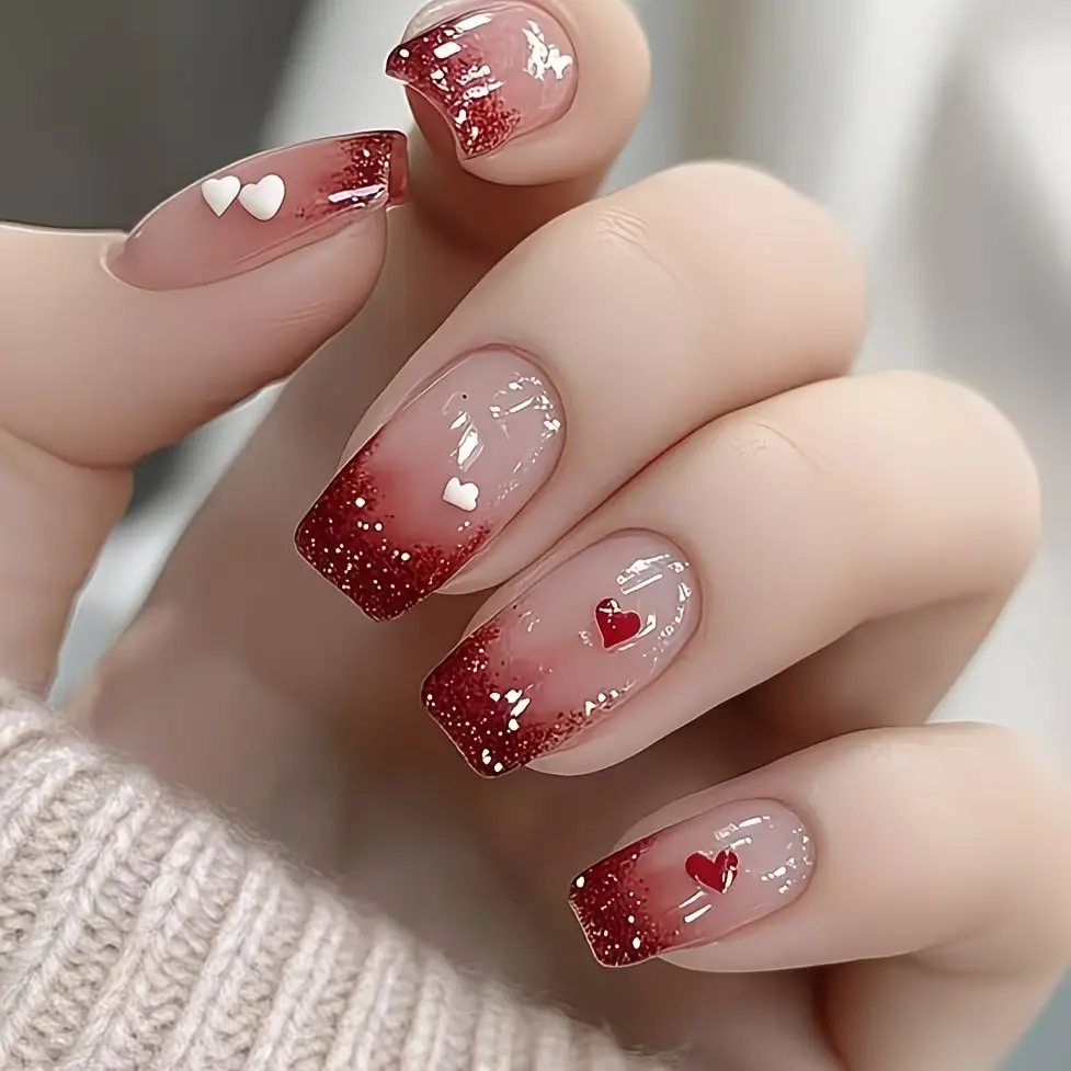 24pcs Ballet Style False Nails, Valentine's Day Glitter Heart French Design, High-End Glossy Nail Art Stickers, Removable Fake Nails, Glittering Fake Nails, Diy Nails Art