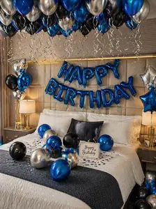 52PCS Blue Happy Birthday Balloon Set – Metallic Foil & Latex Balloons, Heart-Shaped & Star Balloons, DIY Party Decor with Glue & Ribbon