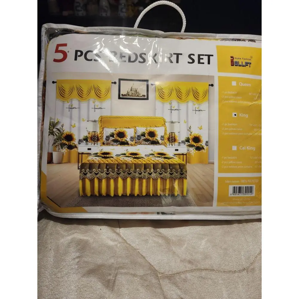 5 Piece Bedskirt Set - Yellow Sunflower Design for Queen, King, and Cal King Sizes - Elegant Bedroom Decor