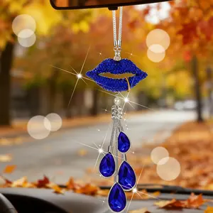 Shimmering Rhinestone Lip Fringe Pendant, Car Rearview Mirror Decoration, Sexy Cute Women's Interior Hanging Ornament, Blue Gem Style