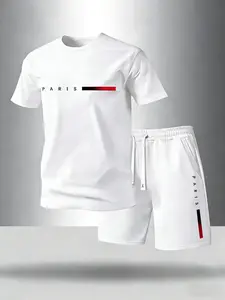 Men's Plus Size Summer Short Sleeve T-Shirt Shorts Set, Sports Clothing Set, Summer Athletic Wear, Casual Fashion Letter Print, Sporty Style Outfits, Pocket Drawstring Waistband, Ideal for Running Golf Fishing Basketball Camping, Tracksuit Set
