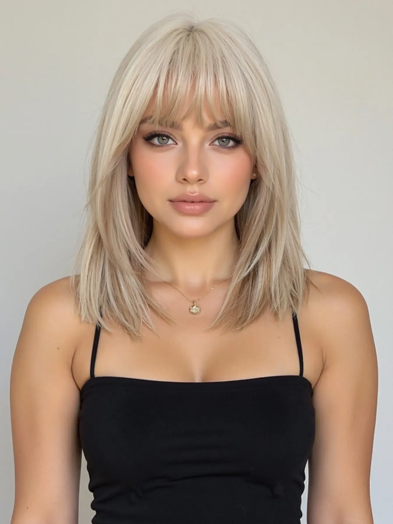 Fashionable New 14 Inch Champagne Blonde Medium Long Straight Wigs with Bangs and Highlights, Synthetic Hair Wig, Synthetic Women's Wigs for Ordinary Work, Life, Dance Parties and All Occasions, Synthetic Material Wigs