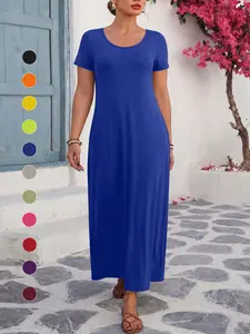 Plus Size Solid Maxi T-Shirt Dress, Round Neck Short Sleeve With Side Pockets, Breathable Slimming Plus Size Casual Everyday Dress