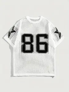 Men's Star & Number Print Knit Top, Breathable Waffle Knit, Regular Fit Casual Fashion Hollow Out Short Sleeve Pullover for Summer, Men's Knitwear for Daily Wear, Round Neck Pullover, Shortsleeve Crewneck Menswear, Knitted Pullover, Stylish Crewneck Top