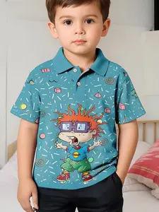 Blue Collared Polo Shirt, Cartoon Toddler Print, Retro Summer Kids' Fashion, Slim-Fitting Casual Top, All Seasons Wear