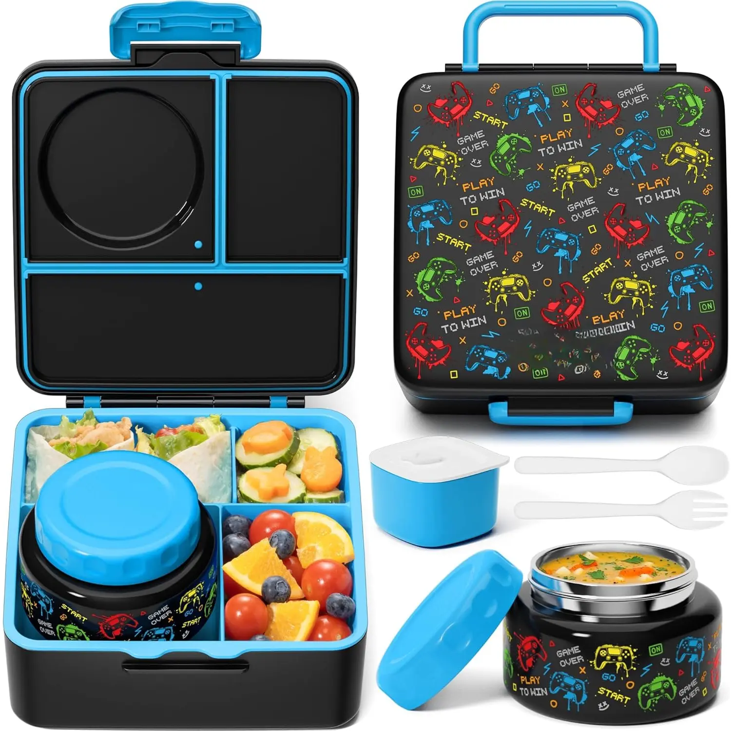Bento Box for  Adult, BPA Free & Leakproof  Lunch Box with 8.5oz Insulated Thermos Food Jar, Utensils & Sauce Jar, Dishwasher Safe 3 or 4 Compartment Container for School Girl Boy