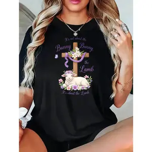 Women Loose T Shirt Black Easter Cross Lamb And Flowers Print It S Not About The Bunny Bunny The Lamb It S About The Lamb