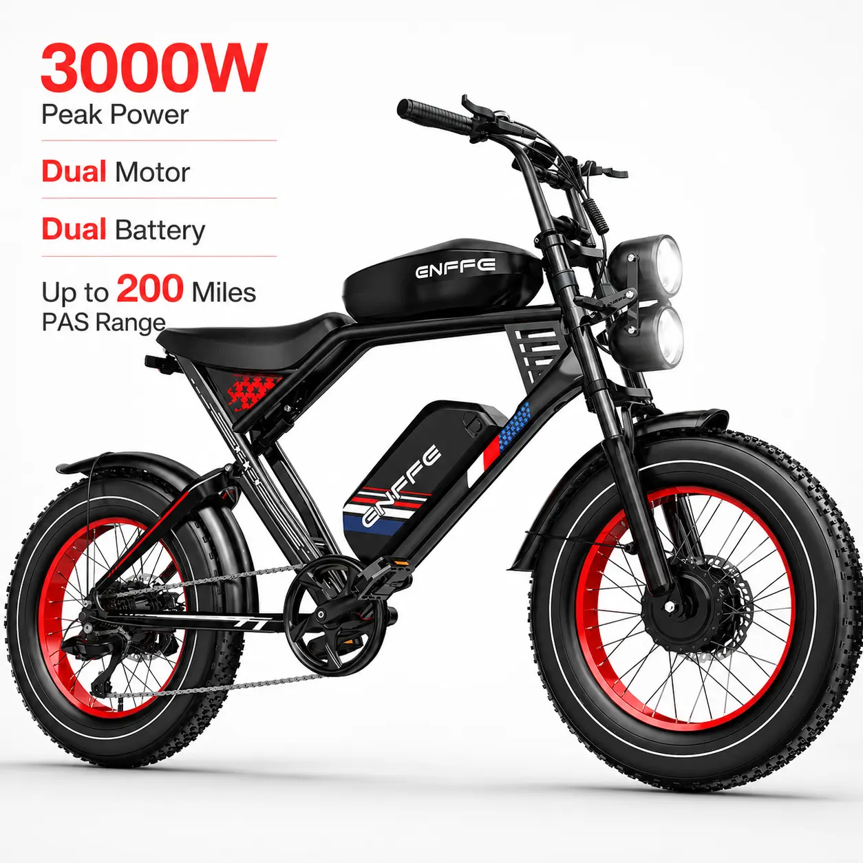 Dual Motor Electric Fat Bike - 3000W Peak Power, 48V 45Ah Battery, 20×4 Tires, 32MPH Max Speed, 200-mi PAS Range, 35° Hill Climbing, Full Suspension, 7-Speed, Sports & Outdoor Leisure Cycling E-Bike