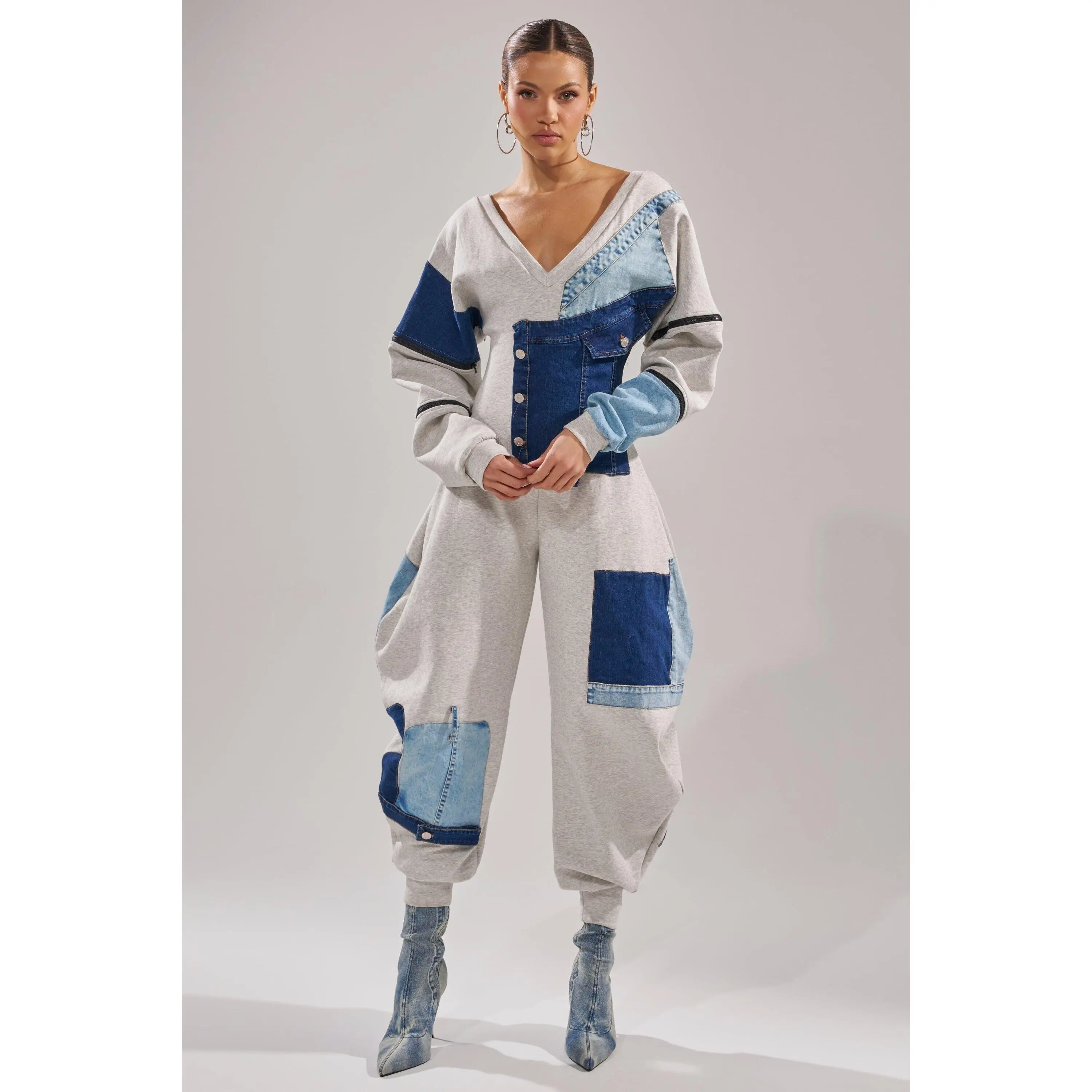 COMFY COZY PATCHWORK JUMPSUIT IN HEATHER GREY COMFY COZY PATCHWORK JUMPSUIT IN HEATHER GREY