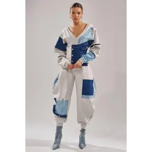 COMFY COZY SWEATSHIRT JUMPSUIT IN PATCHWORK DENIM